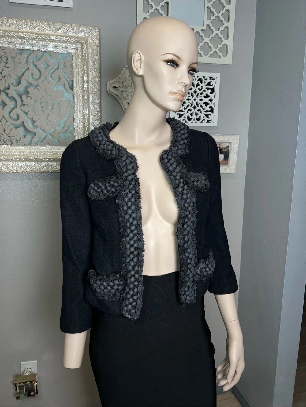 J Crew Wool Blend Denim Blue Cropped Jacket with Braided Trim